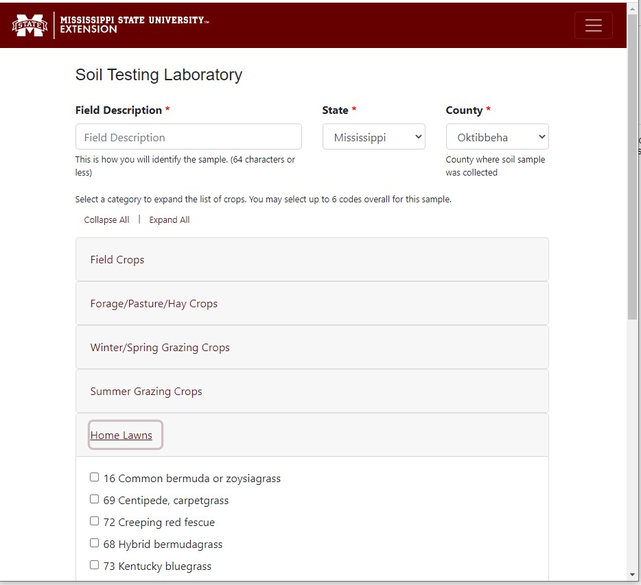 Image of registration page for soil samples.